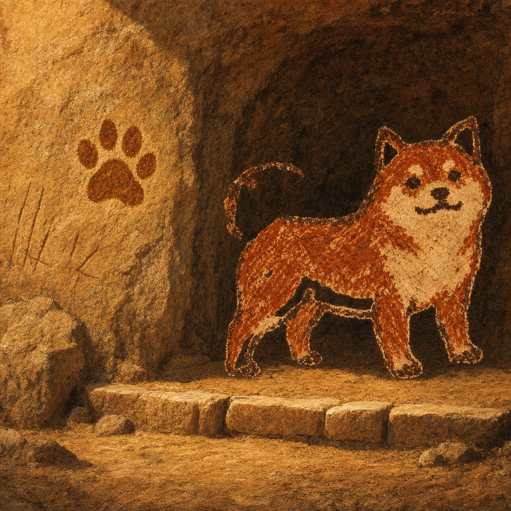 The Inu dog standing in a lamp-lit cave beside a painted paw print